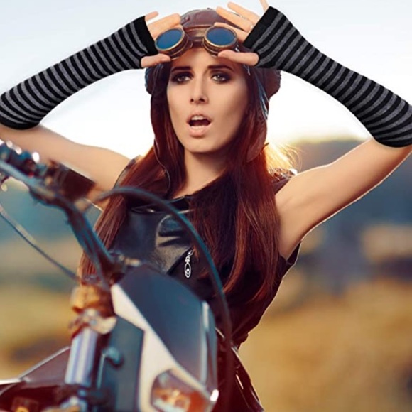 🆕NIP:Black and Blue Striped Fingerless Polyester Arm Warmers - Picture 3 of 6